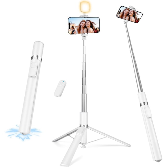 68" Phone Tripod, Selfie Stick Tripod with Remote and Fill Light, [Tap-to-Open] iPhone Tripod Stand, Lightweight Cell Phone Stand for Video Recording, Travel, , White