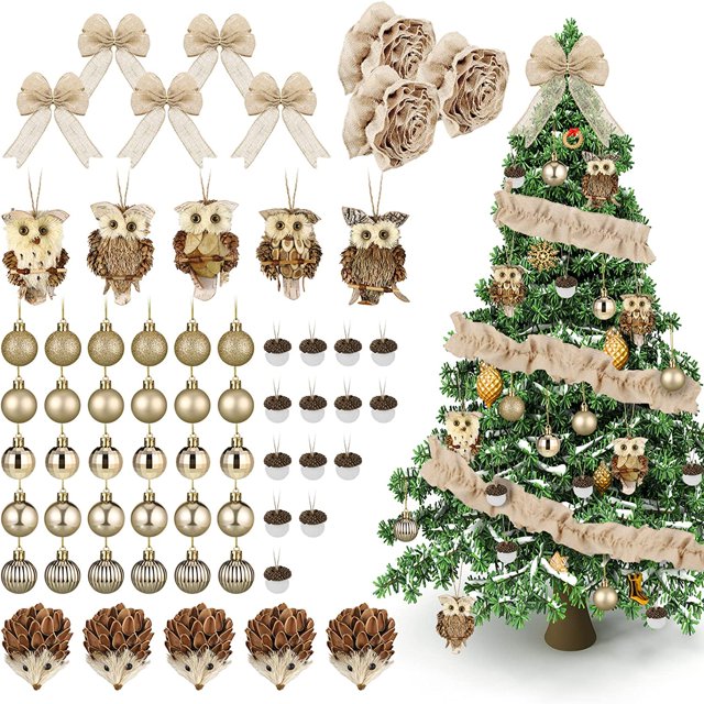 68 Pieces Woodland Tree Decorations Set Gold Ball Owl Hedgehog Woodland