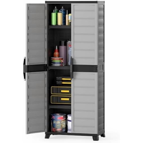 68 Plastic Storage Cabinet, Vertical Storage Shelving Unit with Lockable Double Doors & Adjustable Shelves, Utility PP Garage Storage Organizer for Office, Basement and Laundry Room, Grey