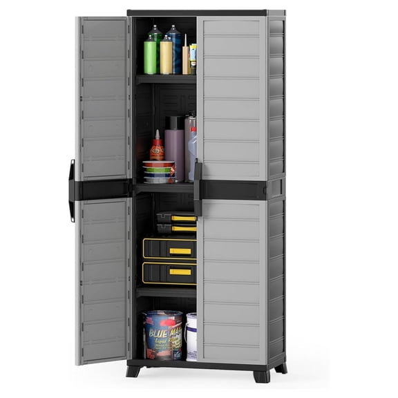 68 Plastic Storage Cabinet, Vertical Storage Shelving Unit with Lockable Double Doors & Adjustable Shelves, Utility PP Garage Storage Organizer for Office, Basement and Laundry Room, Grey