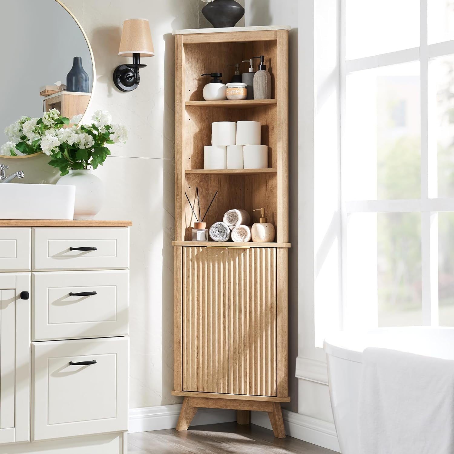 68" Tall Corner Cabinet, Modern Fluted Storage Cabinet with Faux Marble ...