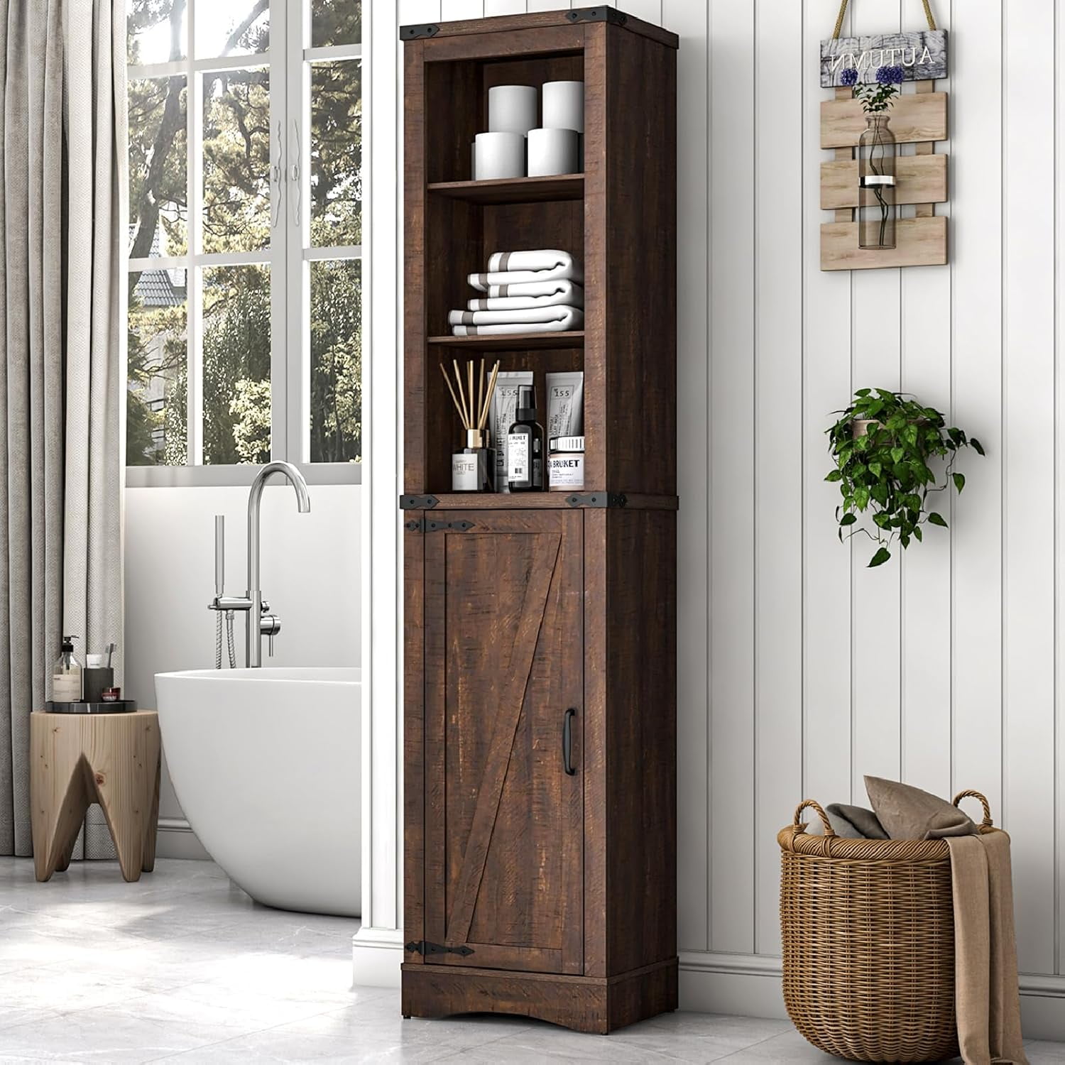 68" Tall Farmhouse Bathroom Storage Cabinet, 5-Shelf Storage Cabinet ...