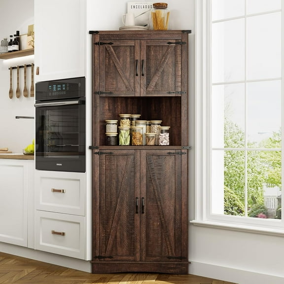 68" Tall Farmhouse Corner Cabinet, 28.3" Corner Storage Cabinet with 4 Doors and Adjustable Shelves, Tall Barn Door Cabinets with 5 Storage Shelves, for Kitchen, Bathroom, Brown