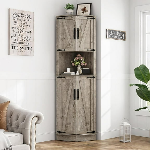 68" Tall Farmhouse Corner Cabinet, Dining Room Storage Cabinet with 4 Barn Doors and 5 Level Storage with Adjustable Shelves, for Kitchen, Living Room, Laundry Room, Light Rustic Oak