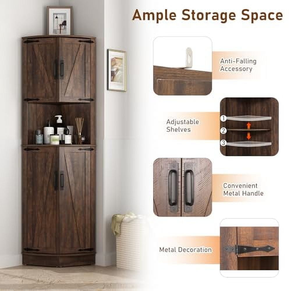 68" Tall Farmhouse Corner Cabinet, Dining Room Storage Cabinet with 4 ...