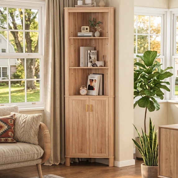 68" Tall Fluted Corner Cabinet for Bathroom, Modern Living Room & Kitchen - 5 Adjustable Shelves, Space-Saving Natural Oak Storage, Curved Profile Design