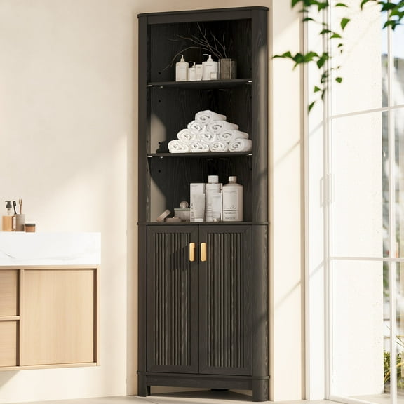 68" Tall Fluted Corner Cabinet for Bathroom, Modern Living Room & Kitchen - 5 Adjustable Shelves, Space-Saving Black Storage, Curved Profile Design
