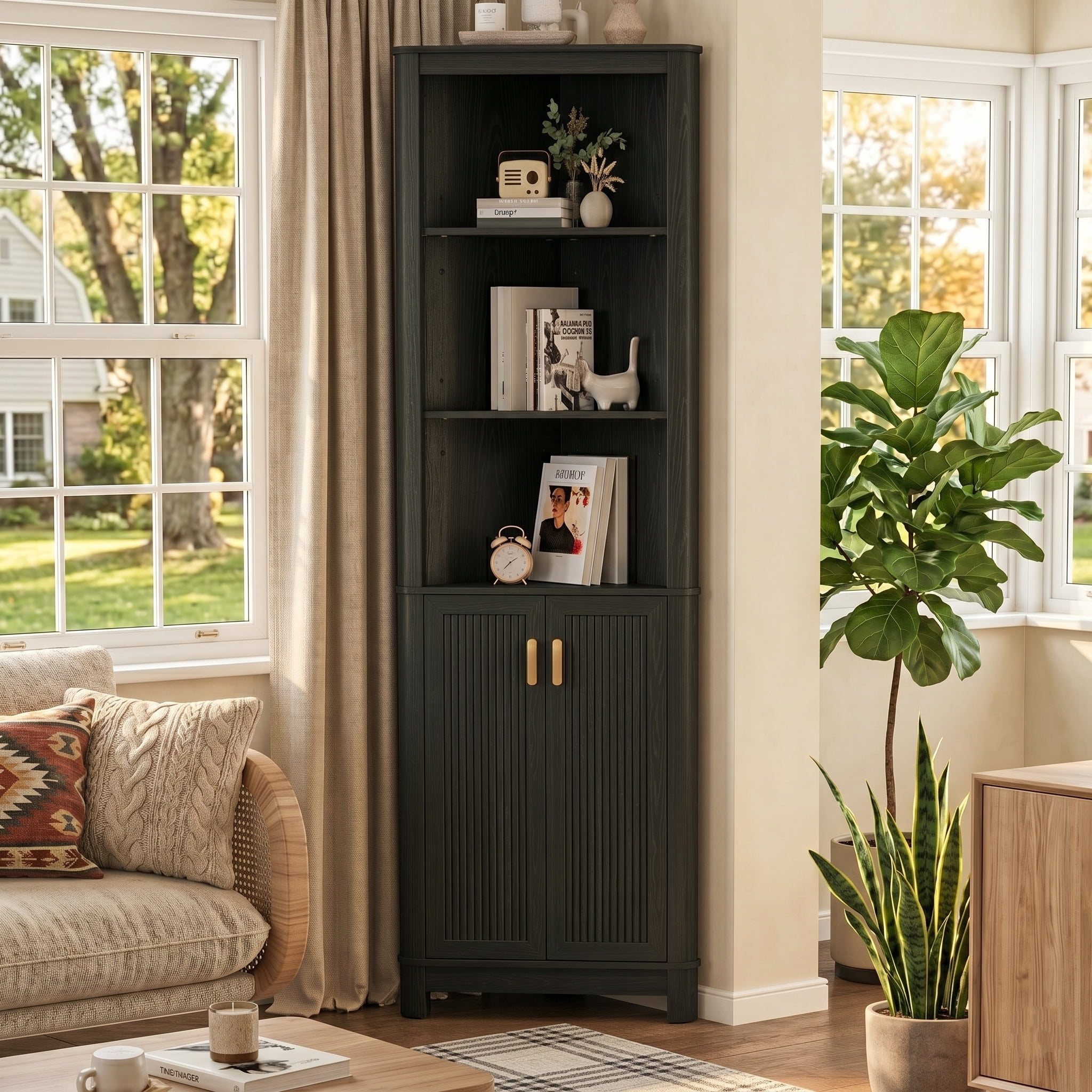 68" Tall Fluted Corner Cabinet for Bathroom, Modern Living Room & Kitchen - 5 Adjustable Shelves, Space-Saving Black Storage, Curved Profile Design