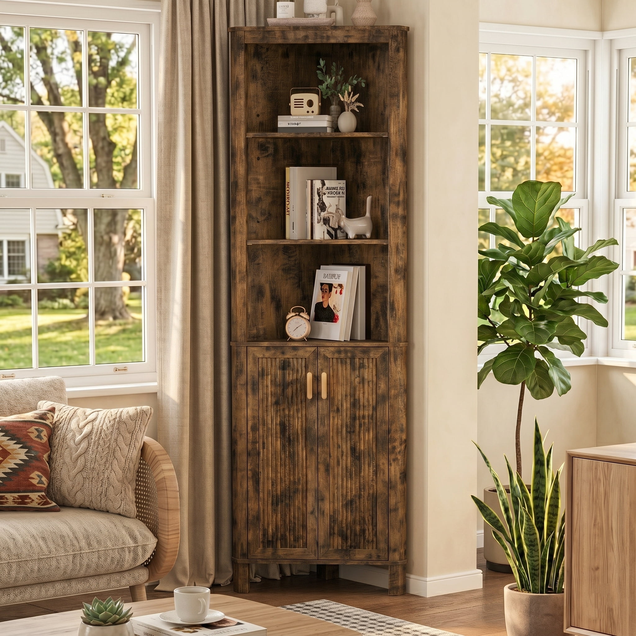 68" Tall Fluted Corner Cabinet for Bathroom, Modern Living Room & Kitchen - 5 Adjustable Shelves, Space-Saving Retro Storage, Curved Profile Design
