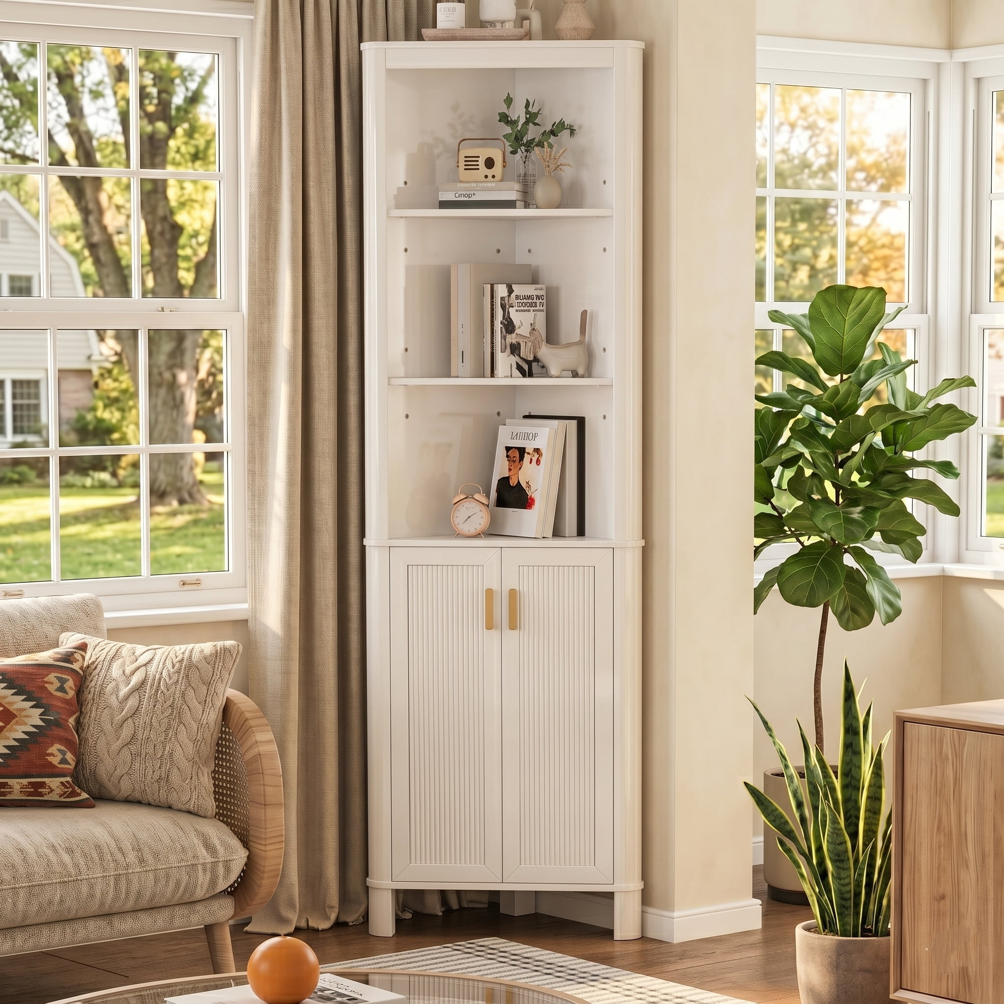 68" Tall Fluted Corner Cabinet for Bathroom, Modern Living Room & Kitchen - 5 Adjustable Shelves, Space-Saving Storage, Curved Profile Design White