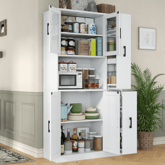 68" Tall Kitchen Pantry Cabinet with Side Drawer, Glass Door, Microwave Stand, Freestanding Food Hutch for Dining Room, White