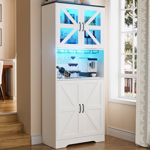 68" Tall Kitchen Pantry, LED Pantry Cabinet & Power Outlets Wood Storage Cabinet with Microwave Stand, White Pantry Storage Adjustable Shelves for Kitchen Cupboard Dining Room