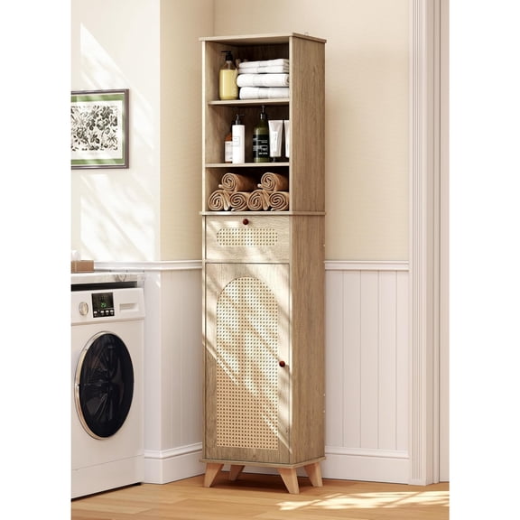 68'' Tall Storage Cabinet with Adjustable Shelves, Narrow Rattan Storage Cabinet with Anti-toppling Device & Magnetic Door for Bathroom, Living Room, Kitchen(Brown)