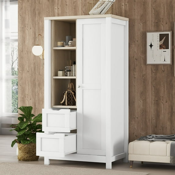 68" Tall Storage Wardrobe, Modern Multi-Function Large Storage Cabinet with Hanging Rods, 2 Drawers, Open Shelves, Sliding Door, Minimalist Style Furniture for Living Room, Bedroom, White