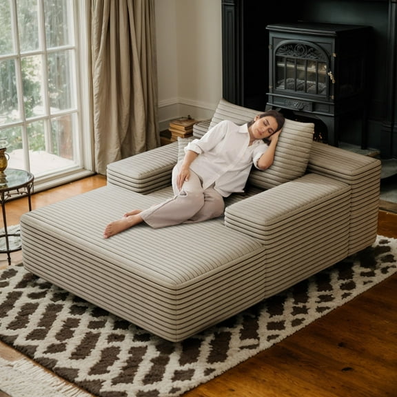 68" W Boneless Corduroy Chaise Lounge Chair for Living Room Cozy Reading Chair with Pillows, No Assembly Required, Fluffy Oversized Cloud Couch Sleeper Sofa Bed for Bedroom