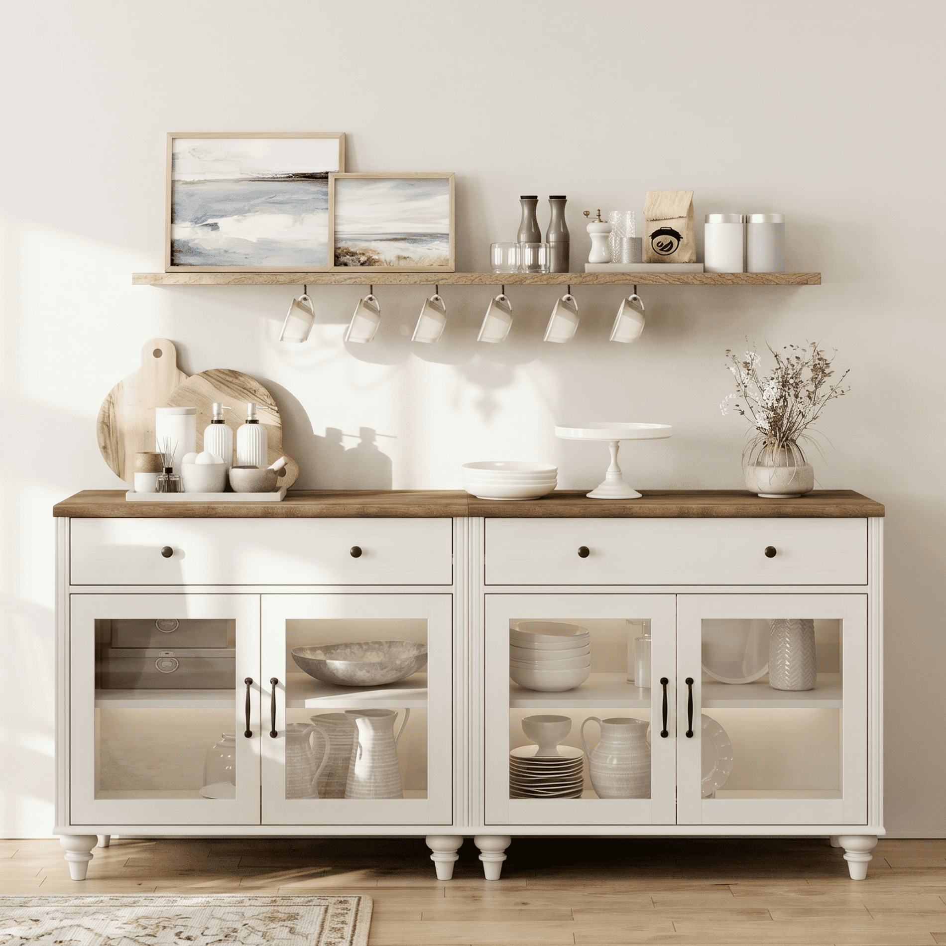68" White Glass Door Buffet Cabinet with Drawer, Farmhouse Sideboard with Storage