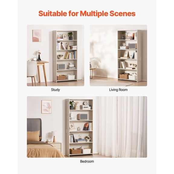 68" White Wooden Bookcase with 5 Open Tiers, Freestanding Tall Bookshelf for Living Room