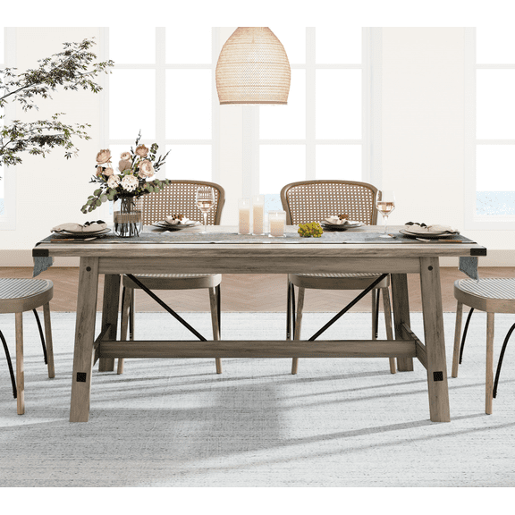 68" Wide Farmhouse Dining Table for 4-6 Person, Wood Kitchen Table for Dining Room, Grayish Brown