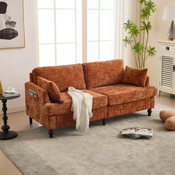 68" Wide Mid-Century Modern Loveseat Sofa Couch with Wood Legs & Storage Bag, 2 Seater Sofa Couches with LED Light, USB Charging Port, for Living Room, Dorm, Bedroom, Apartment, Orange
