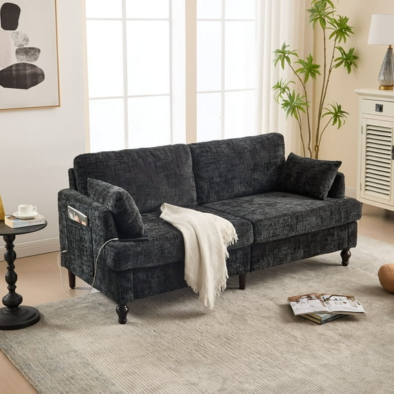 68" Wide Mid-Century Modern Loveseat Sofa Couch with Wood Legs & Storage Bag, 2 Seater Sofa Couches with LED Light, USB Charging Port, for Living Room, Dorm, Bedroom, Apartment, Black