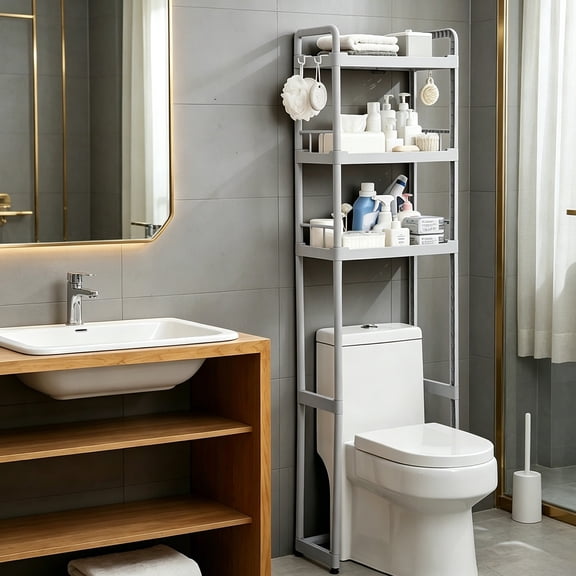 68 in Height Over The Toilet Storage Rack 3-Tier, Bathroom Space-Saving Organizer for Toiletries and Towels, Sturdy Plastic Floor Standing Shelf,Gray