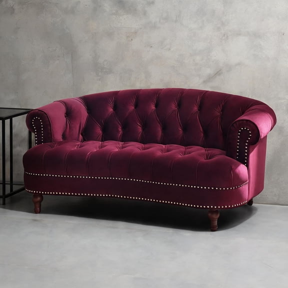 68-inch Victorian Chesterfield Loveseat in Red-Toned Velvet with Nailhead Trim