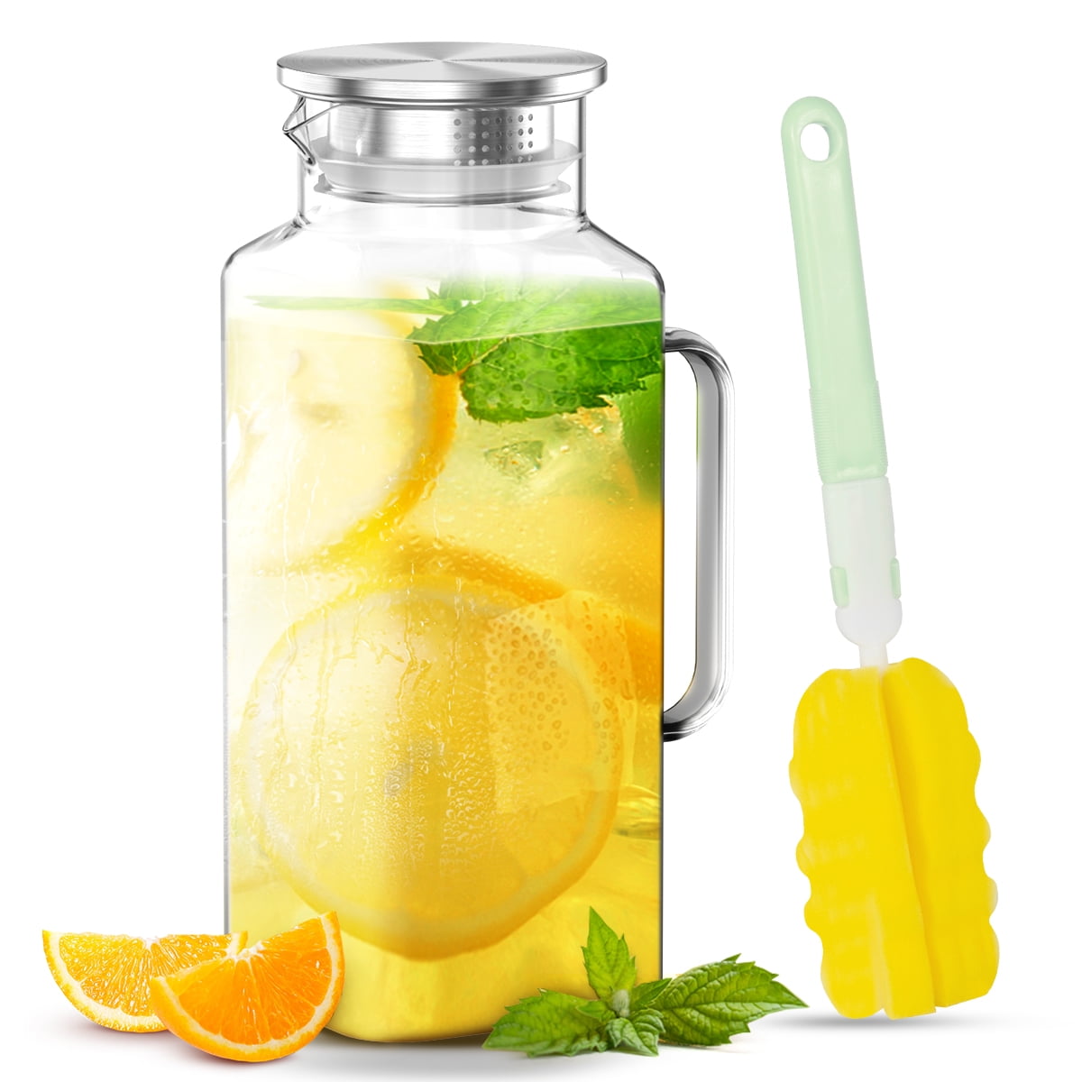 GPED 68 oz Glass Pitcher , 2 Liter Water Pitcher with Lid and Spout, Borosilicate Glass Jugs, Stainless Steel Filter Lids, Heat Resistant Carafes for Drinks, Dishwasher Safe