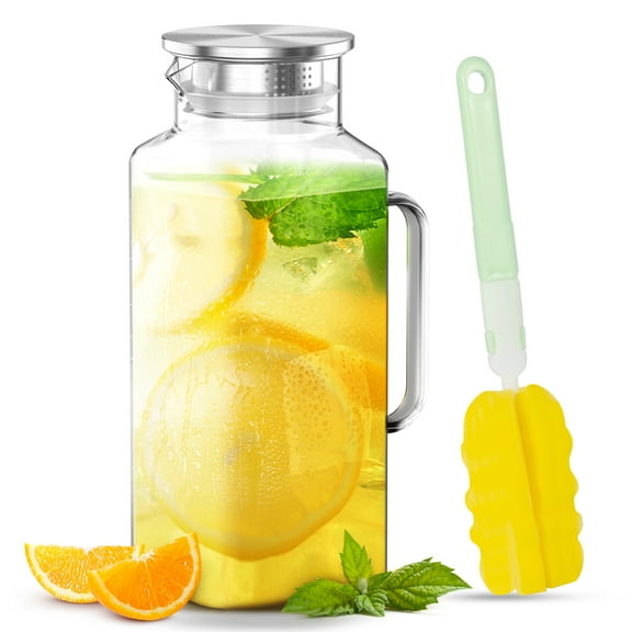 GPED 68 oz Glass Pitcher , 2 Liter Water Pitcher with Lid and Spout, Borosilicate Glass Jugs, Stainless Steel Filter Lids, Heat Resistant Carafes for Drinks, Dishwasher Safe
