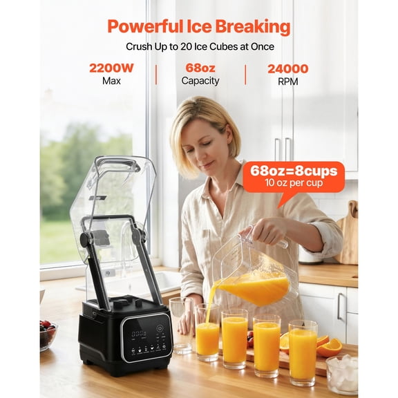 68 oz Professional Countertop Blender with Shield 2200W 26000RPM Kitchen Food Processor Combo Self-Cleaning Speed Adjustable 6 Preset Menu for Smoothies Ice Crushing Puree Black