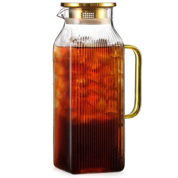 68 oz Square Glass Pitcher with Lid, Classic Stripes Water Pitchers with Handle for Fridge, Large Jug for Iced Tea, Coffee, Borosilicate Glass Carafe for Hot/Cold Brew Drink