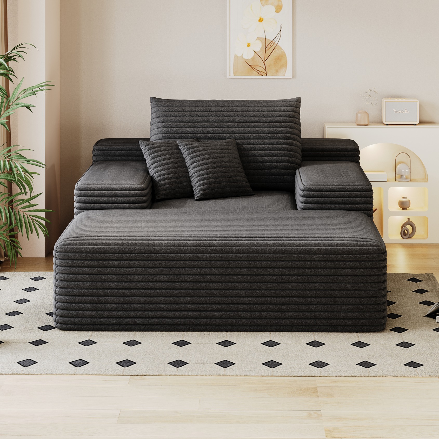 79" Oversized Corduroy Sectional Sofa Bed - Double Chaise Cloud Couch, No Assembly, Plush Boneless Design (Dark Grey)