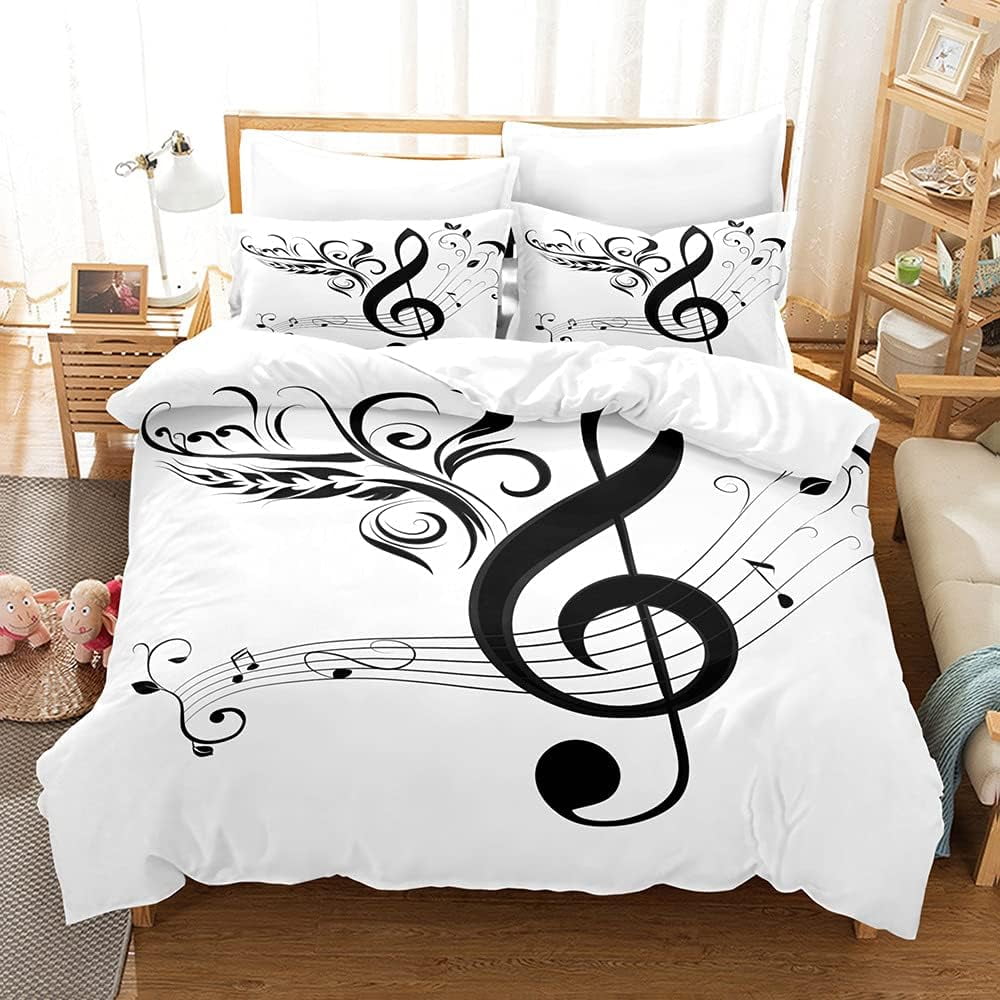 68" x 90" duvet cover and pillowcases 3D music note pattern Black and white