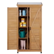 68x33x20 Outdoor Wooden Storage Shed with Metal Top Tall Vertical Tool Cabinet for Backyard Garden Patio Lawn Gold