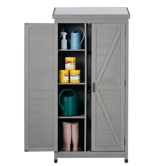 68''x33''x20'' Outdoor Wooden Storage Shed with Metal Top Tall Vertical Tool Cabinet for Backyard Garden Patio Lawn (Grey)