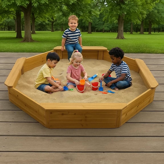 68"x68"x8.4" Kid's Octagonal Wooden Outdoor Sandbox,Large Natural Wooden Sandpit with 4 Benches, Bottom Liner,Sand Box for Backyard, Patio, Outdoor Play Sand Box for Kids Ages 4-8