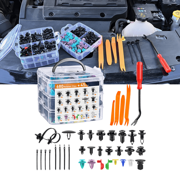 680-Piece Automotive Push Retainer Clips & Fasteners Assortment Kit with 23 Popular Sizes, Nylon Bumper Fender Rivets, 10 Cable Ties, and Fastener Remover Tool for Toyota, GM, Ford, Honda, Chevy