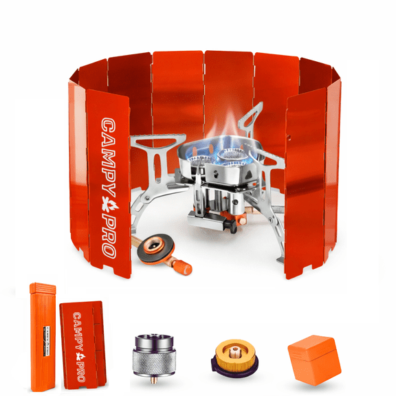 6800 W Portable Gas Stove with Red 12-Plate Windscreen, Portable Gas Burner, Piezo Ignition, Includes Butane, Isobutane & Propane Adapters for Backpacking, Hiking, Camping Stove