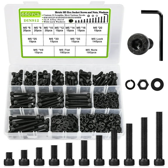 680pcs M5 Nuts and Bolts Assortment Kit, 12.9 Alloy Steel M5 Button Head Hex Socket Cap Machine Screws Assortment Kit 6mm-40mm