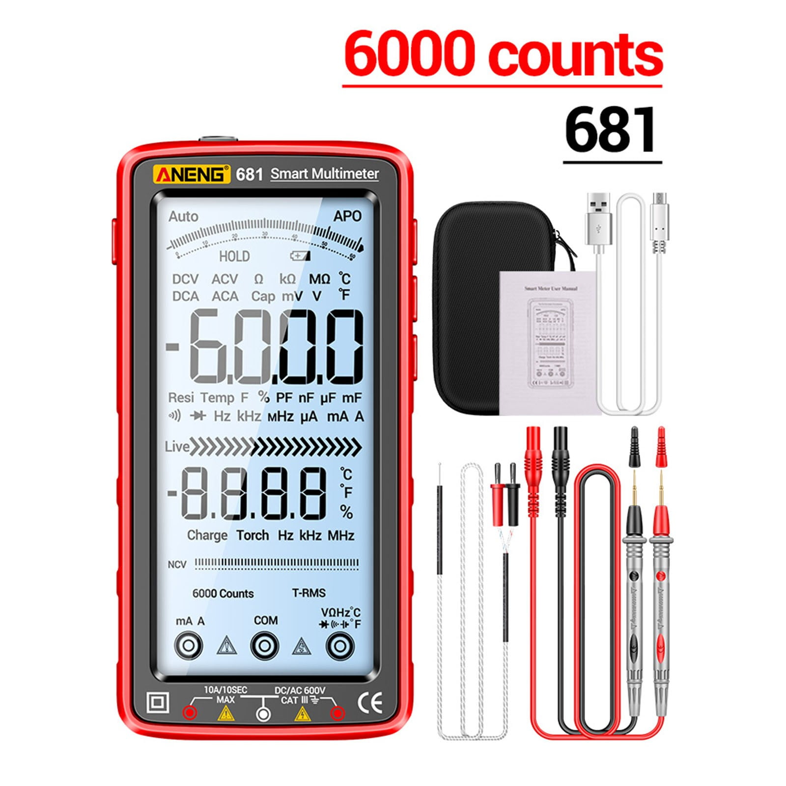 681 Full Screen Digital Multimeter LCD Screen Multimeter USB Li-battery Charging