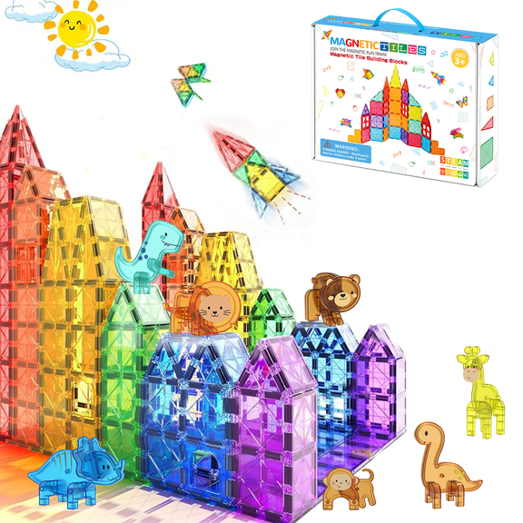 68PCS Animal Compatible Magnetic Tiles Set, Color Clear Window STEM Building Blocks with Zoo & Dinosaur Figures, Open-Ended Construction Toys for Kids 3+, Ideal Birthday Holiday Gift for Boys Girls