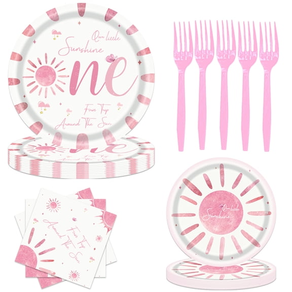 68Pcs Boho First Trip Around The Sun Birthday Decorations, Bohemian Hippie Sunshine Theme Party Tableware, Include Dinner Dessert Plates Napkins Forks for Baby Shower Party, Serve 16 Guests