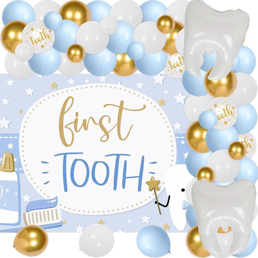 68Pcs First Tooth Themed Party Decorations Blue Teeth Party Photography Background Cloth 1st