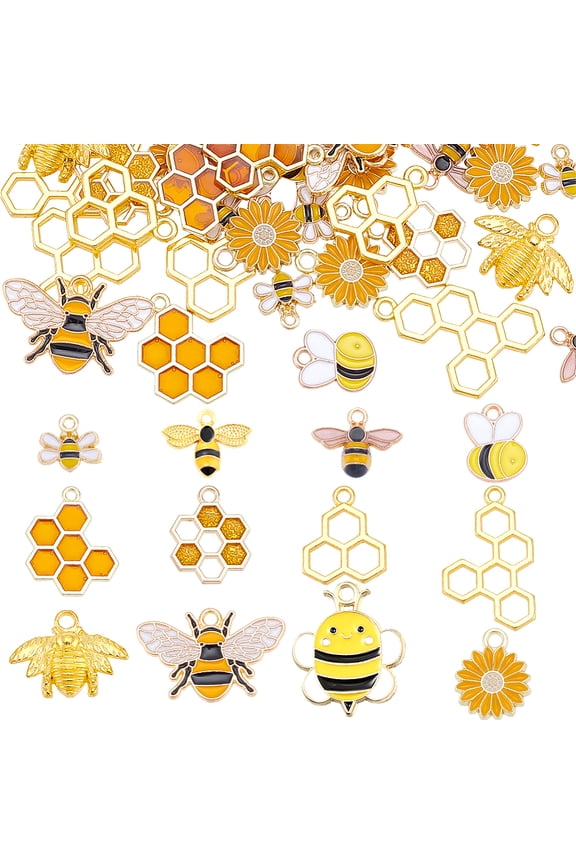 68Pcs Honeycomb Bee Flower Charms Golden Honeybee Pendants Metal Hollow Sweet Honey Charms for Jewelry Making DIY Earrings Bracelet