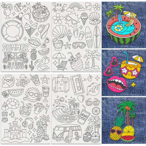 68Pcs Summer Fashion Water Soluble Hand Sewing Stabilizers Seaside Beach Embroidery Pattern Stabilizer 4 Sheets Vacation Stick and Stitch