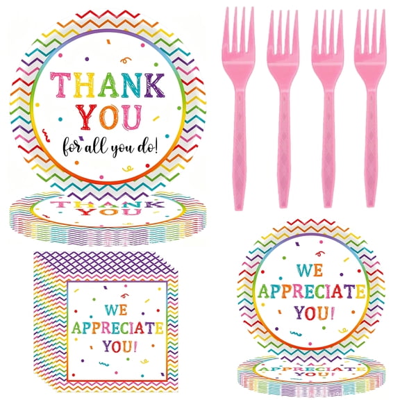 68Pcs Thank You Party Decorations, We Appreciate You Tableware Set Include Paper Plates Napkins and Forks for Employee Staff Housekeeping Week Pastor Appreciation Party Supplies, Serves 16 Guests