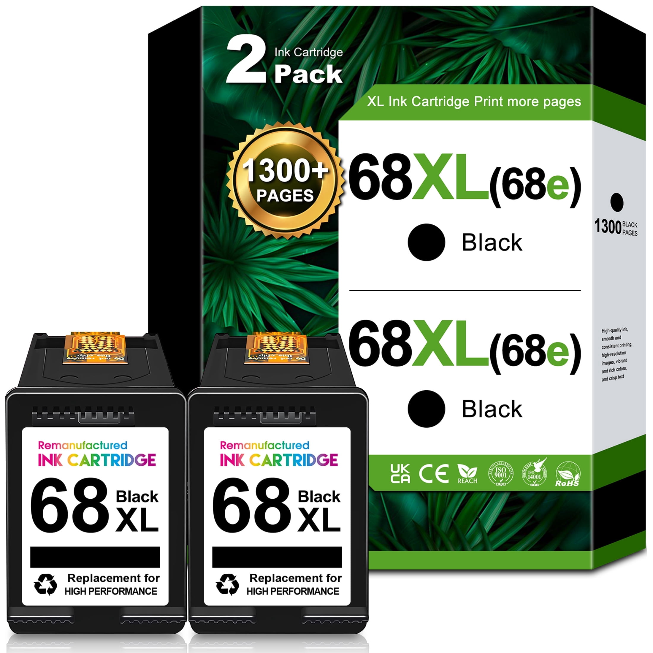 2-Pack 68XL 68e Black Ink Cartridge, High Yield 68 XL Ink Cartridge Compatible  for HP68 68XL Ink Cartridges for Envy 6100e 6155e 6555e DeskJet 2900 4300 Series Printers