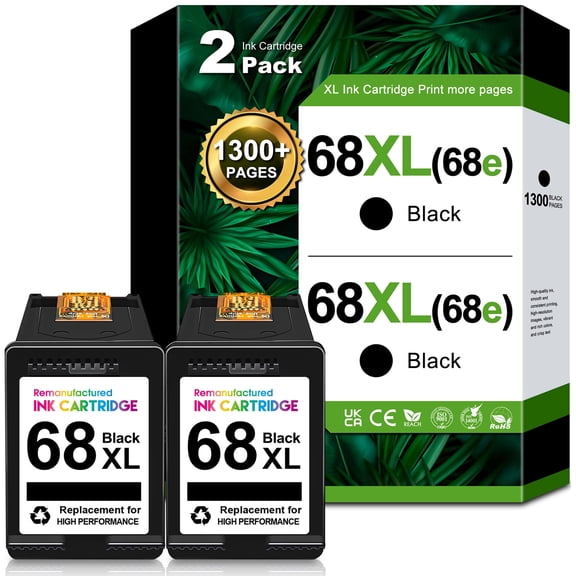 2-Pack 68XL 68e Black Ink Cartridge, High Yield 68 XL Ink Cartridge Compatible for HP68 68XL Ink Cartridges for Envy 6100e 6155e 6555e DeskJet 2900 4300 Series Printers