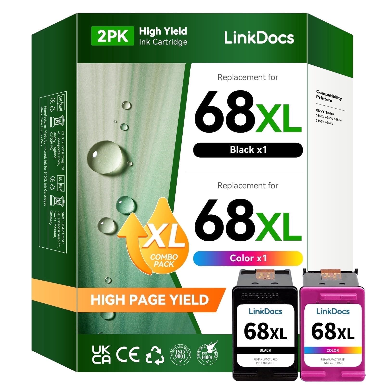 68XL Ink Cartridge Compatible for HP  68 Ink Cartridges for HP Ink 68 for Envy 6120 6130 6520 6530 Printer Ink  (Black,Tri-color)2 Pack