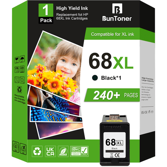 68 Ink Cartridge Compatible for HP 68 68e 68XL Black Ink for Envy 6152e 6155e 6165e 6552e 6555e 6558e 6158e 6520e 6530e 6531e 6532e 6100e 6110e 6120e 6122e 6130e 6131e 6132e Printer (1 Black)