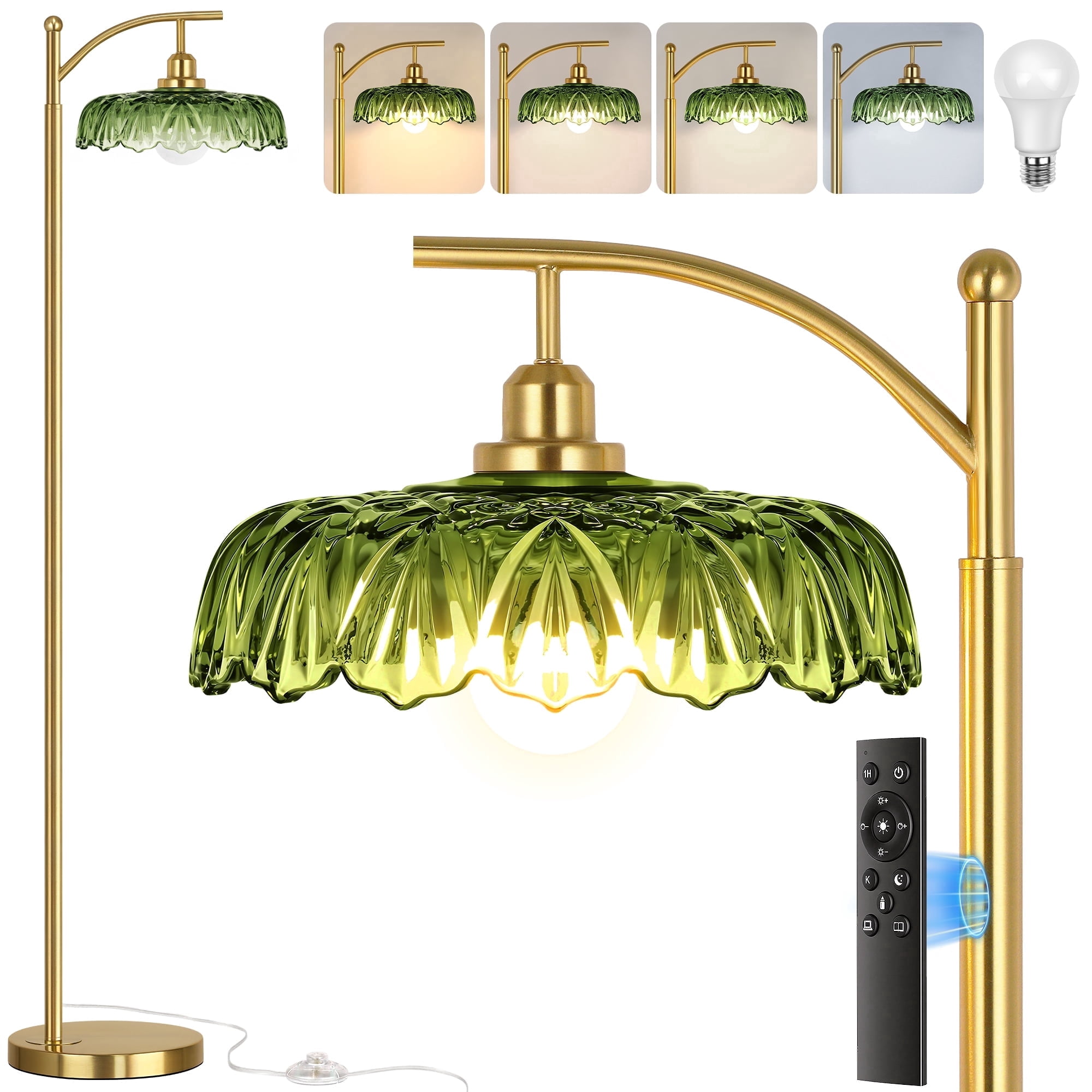 68in Gold Floor Lamp for Living Room Mid Century Modern Standing Lamp with Green Glass Shade, Flower Lamp